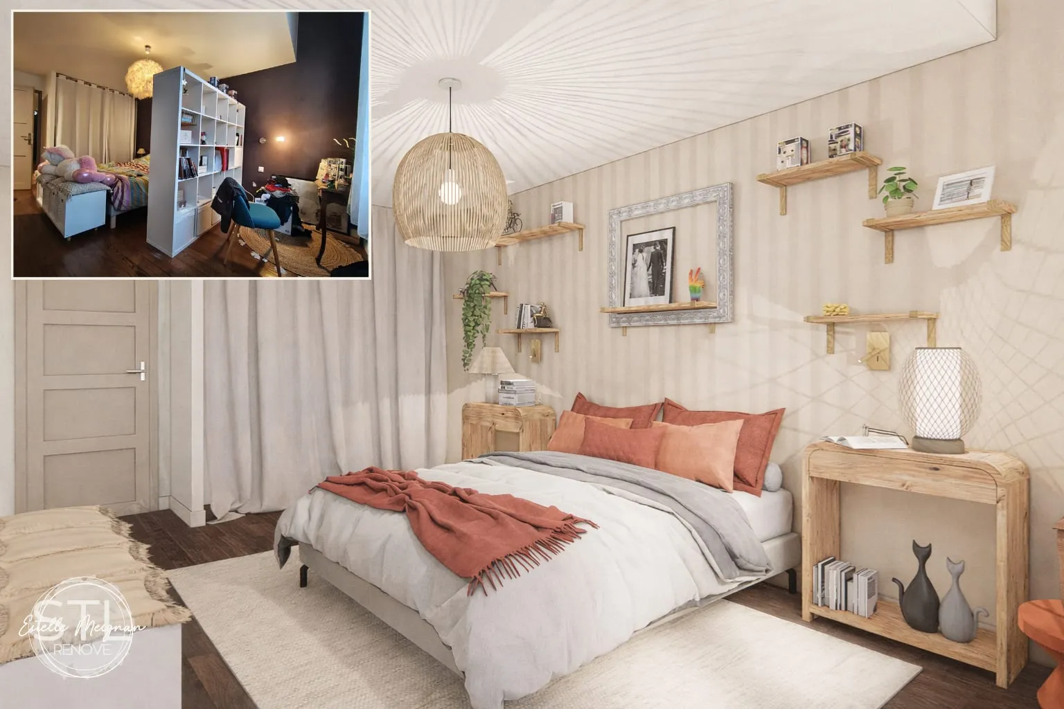 Modélisation 3D d'une chambre adulte tons beige et terracotta avec parquet bois et luminaire osier