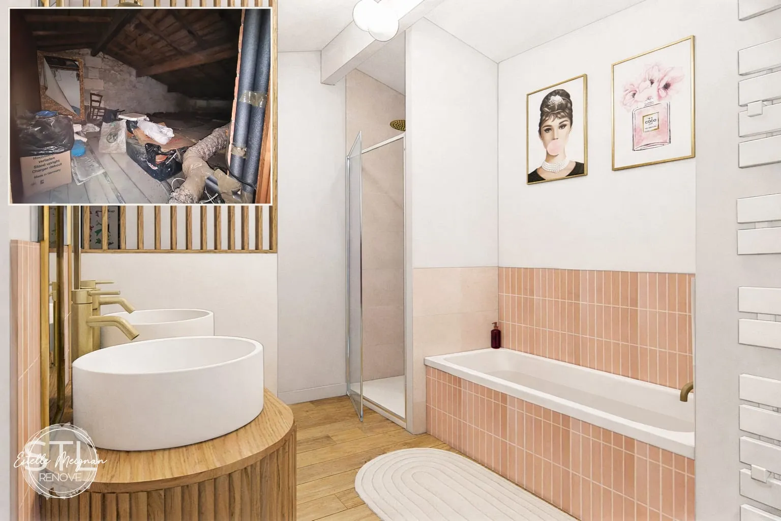 Modélisation 3D d'une salle de bain rose poudre avec double vasque dorée et baignoire îlot