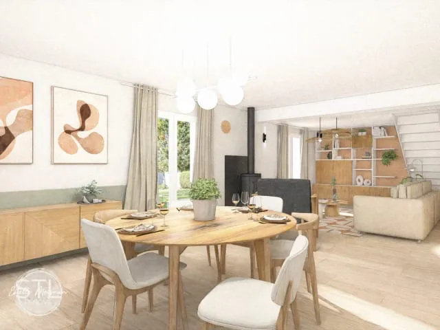 Salle à manger 3D avec table ronde en bois ouverte sur un salon clair et un poêle noir