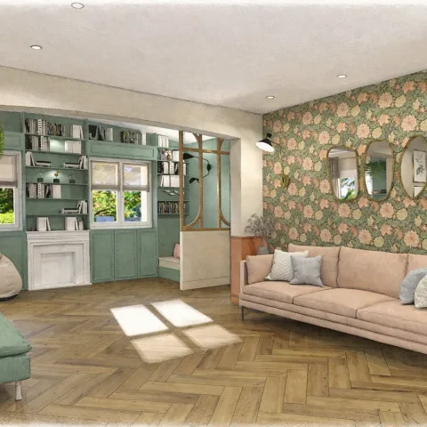 Vue 3D d’un salon avec canapé rose poudré, mur floral, bibliothèques vert sauge et verrière